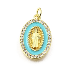Темно-бирюзовый Латунные микро проложить кубического циркония подвески, с эмалью, овал с амулетами святого Бенедикта, стойки покрытие, прочное покрытие, без кадмия и без свинца, с целью перехода в кольце, темные бирюзовый, 20x14x2 мм, отверстие : 3 мм
