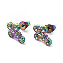 Rainbow Color Ion Plating(IP) 304 Stainless Steel Stud Earring Findings, Earring Settings for Rhinestone, Cross, Rainbow Color, 12.5x9.5mm, Pin: 0.7mm, Fit for Rhinestone: 1.8mm