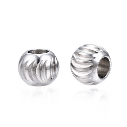 Stainless Steel Color 201 Stainless Steel Corrugated Beads, Round, Stainless Steel Color, 8x6mm, Hole: 3.6mm