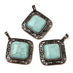 Синтетическая Бирюза Подвески в виде ромбов из окрашенной синтетической бирюзы, с винтажной латунной рамкой красного медного оттенка, 39x36.5x7~8 мм, отверстие : 8.5x5 мм