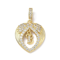 Letter B Латунные микропаве прозрачные подвески с фианитом, крыло с буквенными подвесками, без свинца и без кадмия, долговечный, стойки покрытие, реальный 18 k позолоченный, В письме, 20.5x18x3.5 мм, отверстие : 4.5x3.5 мм