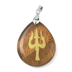 Тигровый глаз Природных тигровый глаз подвески, с реечной обшивкой латунными выводами, без кадмия и без свинца, очарование слезы, 31x25x5~7 мм, отверстие : 4.5x4 мм