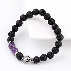 Amethyst Natural Lava Rock Bead Stretch Bracelets, with Natural Amethyst Beads and Alloy 3D Buddha Head Beads, Antique Silver, 55mm