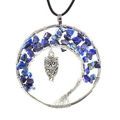 Sodalite Natural Sodalite Chips Tree of Life Pendant Necklaces, Brass Owl Necklace with Wax Ropes, 19.69 inch(50cm)