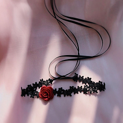 Black Lace Silk Ribbon Flower Choker Necklaces, Gothic Necklace with Velour Leather for Women, Black, 12.01 inch(30.5cm)