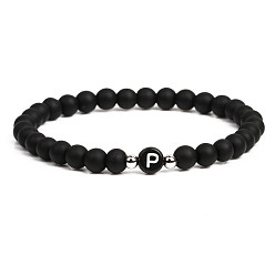 Dumb black stone P 6mm Matte Agate Stone Beaded Letter Bracelet for Men and Couples Jewelry