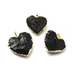 Golden Natural Obsidian Pendants, Heart Charms, with Rack Plating Brass Findings, Golden, 31~36.5x31.5~37.5x8.5~10.5mm, Hole: 7x4.5mm