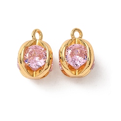 Pink Латунные микро проложить кубического циркония прелести, реальный 18 k позолоченный, круглые подвески, розовые, 11x9.5 мм, отверстие : 1.5 мм