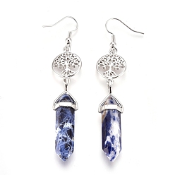 Sodalite Pointed Bullet Natural Sodalite Dangle Earrings, with Brass Earring Hooks and Flat Round with Tree of Life Links, Platinum, 76mm, Pin: 0.7mm
