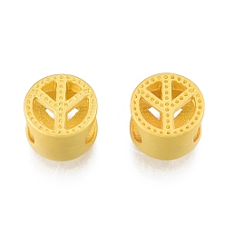 Matte Gold Color Alloy European Beads, Large Hole Beads, Matte Style, Flat Round with Peace Sign, Matte Gold Color, 10.5x10x7mm, Hole: 5x7mm