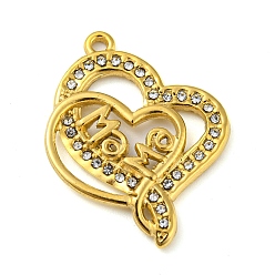 Crystal Ion Plating(IP) Real 18K Gold Plated 304 Stainless Steel Rhinestone Pendants, Heart with Word Mama Charms, for Mother's Day, Crystal, 28x21x3mm, Hole: 1.6mm