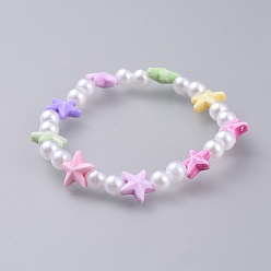 Colorful Kids Stretch Bracelets, with Acrylic Imitated Pearl and Colorful Acrylic Beads, Starfish/Sea Stars, Colorful, 1-5/8 inch(4.3cm)