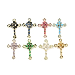 Mixed Color Real 18K Gold Plated Brass Micro Pave Cubic Zirconia Pendants, with Glass, Cross, Mixed Color, 36.5x25.5x7.5mm, Hole: 2.8x3.1mm