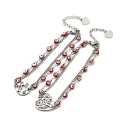 Mixed Patterns Red Enamel Evil Eye & 304 Stainless Steel Curb Chains Double Layer Multi-strand Bracelet with Charm for Women, Stainless Steel Color, Mixed Patterns, Pendant: 15~18x13.5~18x1.3~1.4mm, 9-1/4 inch(23.5cm)