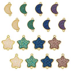 Mixed Color SUNNYCLUE Brass Links Connectors, with Druzy Resin, Golden, Star & Moon, Mixed Color, 16pcs/box