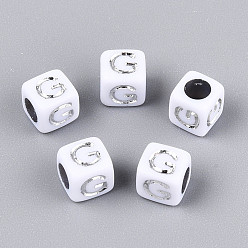 Letter G Акриловые бусины, горизонтальное отверстие, металлическое покрытие, кубические, белые, Буква G, 6x6x6 мм, отверстие : 3.5 мм, 2600 шт / 500 г