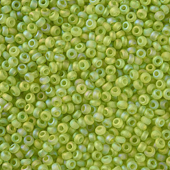 Green Yellow 12/0 Grade A Round Glass Seed Beads, Transparent Frosted Style, AB Color Plated, Green Yellow, 2x1.5mm, Hole: 0.8mm, about 30000pcs/bag
