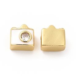 White Brass Micro Pave Cubic Zirconia Beads, with Enamel, Cadmium Free & Lead Free, Real 18K Gold Plated, Camera, White, 9x10x7.5mm, Hole: 2.2mm