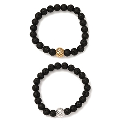 Платиновый & Золотой 2шт. натуральные бусины из лавового камня, эластичные браслеты для мужчин и женщин, круглые, с латунной бисера, платиной и золотом, внутренний диаметр: 2-1/8 дюйм (5.4 см)