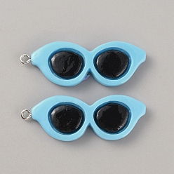 Light Sky Blue Opaque Resin Pendants, Sunglasses Charms, with Platinum Tone Iron Loops, Light Sky Blue, 45x16x4mm, Hole: 2mm