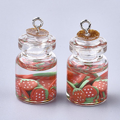 Salmon Glass Bottle Pendants, with Resin & Polymer Clay & Iron Findings, Strawberry, Platinum, Salmon, 28~29x15mm, Hole: 2mm