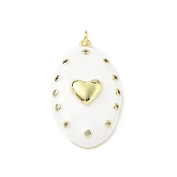 Белый Овальные подвески с сердцем из латуни с микропаве из прозрачных кубических цирконий, с эмалью и кольцом для прыжков, стойки покрытие, долговечный, без свинца и без кадмия, реальный 18 k позолоченный, белые, 37.5x21x7.5 мм, отверстие : 3 мм