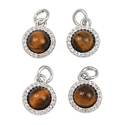 Платина Круглые подвески из натурального тигрового глаза с латунной микропаве из прозрачных кубических цирконий, платина, 11x9x6 мм, отверстие : 3 мм