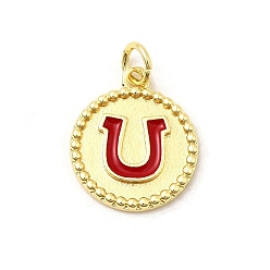 Красный Латунь эмаль подвески, плоские круглые подвески с подковами, реальный 18 k позолоченный, с целью перехода в кольце, без свинца и без кадмия, долговечный, стойки покрытие, красные, 17.5x15x2 мм, отверстие : 3.4 мм