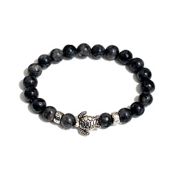 Larvikite Браслет-стрейч из натурального ларвикита с круглыми бусинами и черепахой