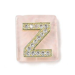 Letter Z Природного розового кварца подвески, прямоугольные подвески с латунной микропаве прозрачной кубической циркониевой буквой, реальный 18 k позолоченный, долговечный, стойки покрытие, Письмо Z, 21x18x5 мм, отверстие : 1.4 мм