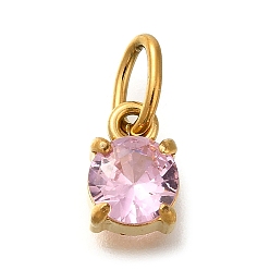 Розовый Ионное покрытие (ip) 304 подвески из нержавеющей стали со стразами, с целью перехода в кольце, плоские круглые прелести, реальный 14 k позолоченный, светло-розовый, 8~8.5x6x4.5 мм, отверстие : 5x3 мм