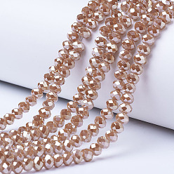 Camel Electroplate Opaque Solid Color Glass Beads Strands, Platinum Plated, Faceted, Rondelle, Camel, 4x3mm, Hole: 0.4mm, about 123~127pcs/strand, 16.5~16.9 inch(42~43cm)