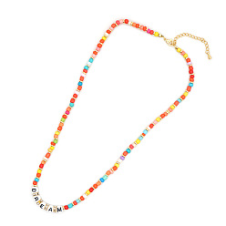 QT-N200006A Bohemian Rainbow Glass Bead Necklace with Letter Charm Pendant for Women