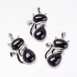 Black Agate Natural Black Agate Kitten Pendants, with Brass Findings, Cat Silhouette Shape, Dyed & Heated, Platinum, 44x26.5x7.5mm, Hole: 4x6mm