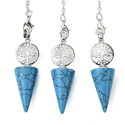 Синтетическая Бирюза Биолокационные маятники с синтетическим бирюзовым конусом, большие подвески, с древом жизни, покрытие стойки, фурнитура из латуни с платиновым покрытием, без кадмия и без свинца, 220~240 мм, отверстие : 1.5~2 мм