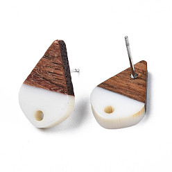 White Opaque Resin & Walnut Wood Stud Earring Findings, with 304 Stainless Steel Pin and Hole, Two Tone, Teardrop, White, 17.5x11mm, Hole: 1.8mm, Pin: 0.7mm