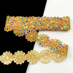 Goldenrod Polyester Lace Trim, with Colorful Paillettes, Flower, Garment Accessories, Goldenrod, 2-3/8 inch(60mm), about 4.5 yards/pc