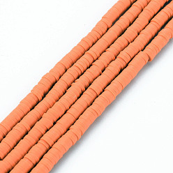 Coral Handmade Polymer Clay Bead Strands, Heishi Beads, Disc/Flat Round, Coral, 4x0.5~1mm, Hole: 1.5mm, about 320~447pcs/strand, 15.74~16.92 inch