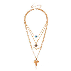 golden Fashionable Multi-layered Blue Devil Eye Elephant Pendant Necklace for Women