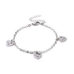 Stainless Steel Color 304 Stainless Steel Heart with Word Love Charm Bracelet with Cable Chains for Valentine's Day, Stainless Steel Color, 7-1/8 inch(18cm)