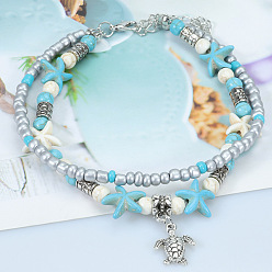 2 Turtle Anklet Shell Starfish Yoga Beach Couple Surfing Set