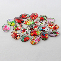 Mixed Color Multi-Color Flower Theme Ornaments Glass Oval Flatback Cabochons, Mixed Color, 25x18x6mm