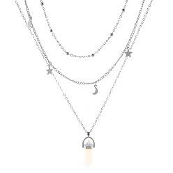 crystal silver Minimalist Double-layer Moon and Star Choker Necklace - Beaded Clavicle Chain