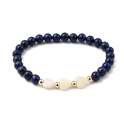 Lapis Lazuli Stretch Beaded Bracelets, with Heart Natural Trochid Shell Beads, Round Natural Lapis Lazuli(Dyed) Beads and Golden Plated Brass Beads, Inner Diameter: 2-1/8 inch(5.5cm)