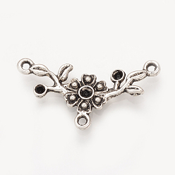 Antique Silver Tibetan Style Alloy Connector Rhinestone Settings, Flower & Leaf, Cadmium Free & Lead Free, Antique Silver, 31x16.5x2.5mm, Hole: 1.5mm, Fit for 1~2mm Rhinestone, about 680pcs/1000g