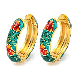 Бирюза Латунные серьги обруча, с цветочной эмалью, без кадмия и без свинца, долговечный, реальный 18 k позолоченный, бирюзовые, 19x4.5 мм
