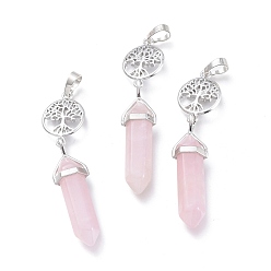 Rose Quartz Natural Rose Quartz Pointed Big Pendants, with Platinum Plated Brass Findings, Faceted, Bullet & Tree of Life, 59~67x14~15mm, Hole: 7x5mm