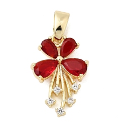 Красный Латунные микро проложить кубического циркония подвески, цветок, золотые, красные, 19x13x4 мм, отверстие : 5x2.8 мм