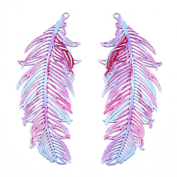Hot Pink Ion Plating(IP) 201 Stainless Steel Filigree Pendants, Etched Metal Embellishments, Feather, Hot Pink, 47x19x0.3mm, Hole: 1.2mm