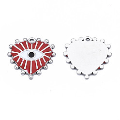 Red 304 Stainless Steel Pendants, with Enamel, Heart with Eye, Stainless Steel Color, Red, 19.5x20x1.5mm, Hole: 1.2mm